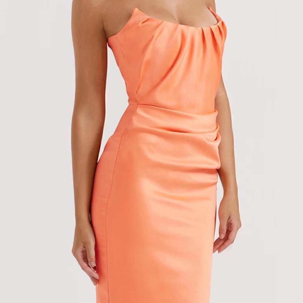 House Of Cb Alora Tangerine Strapless Corset Midi Dress-G19 - Picture 3 of 8